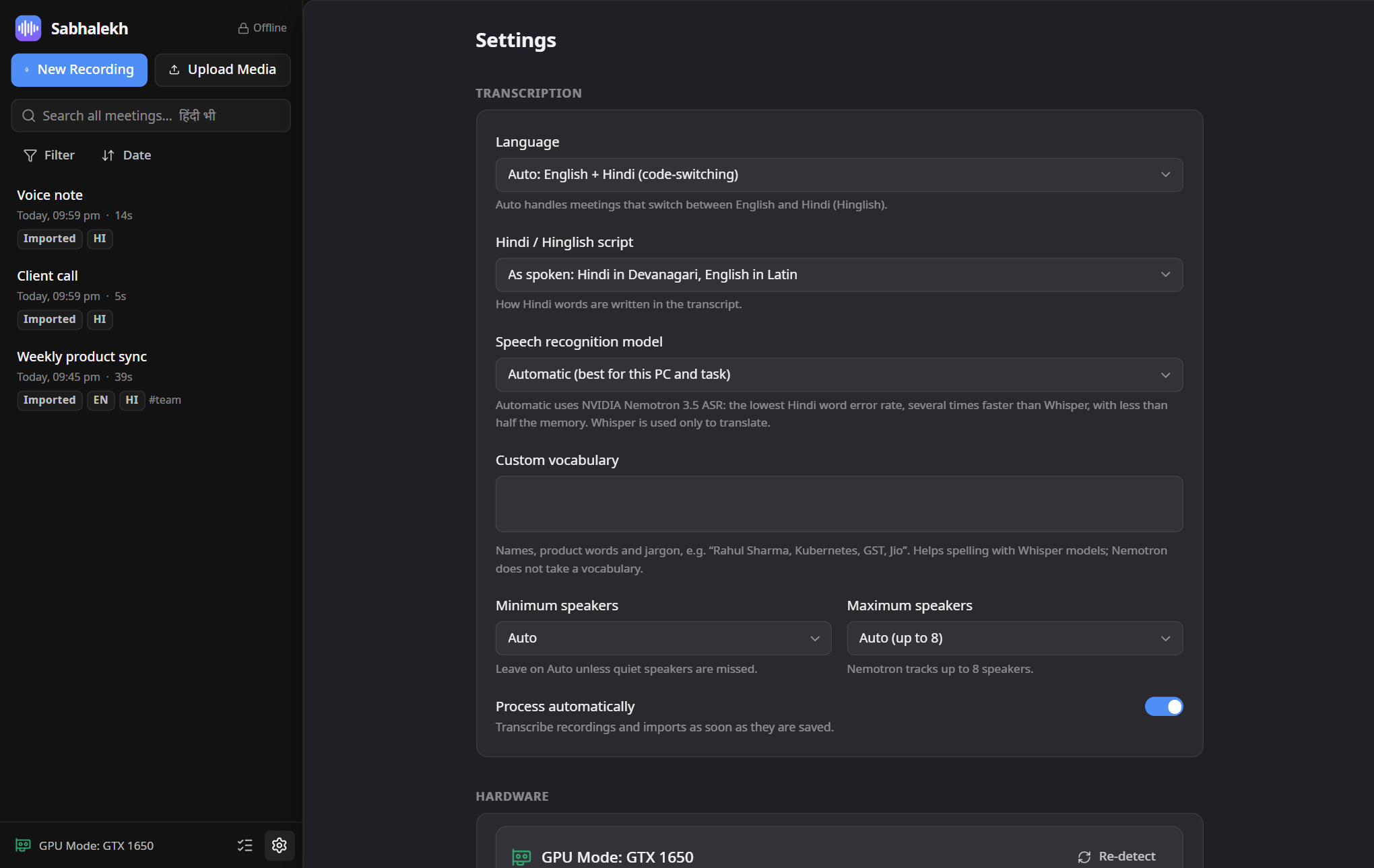 Hardware settings