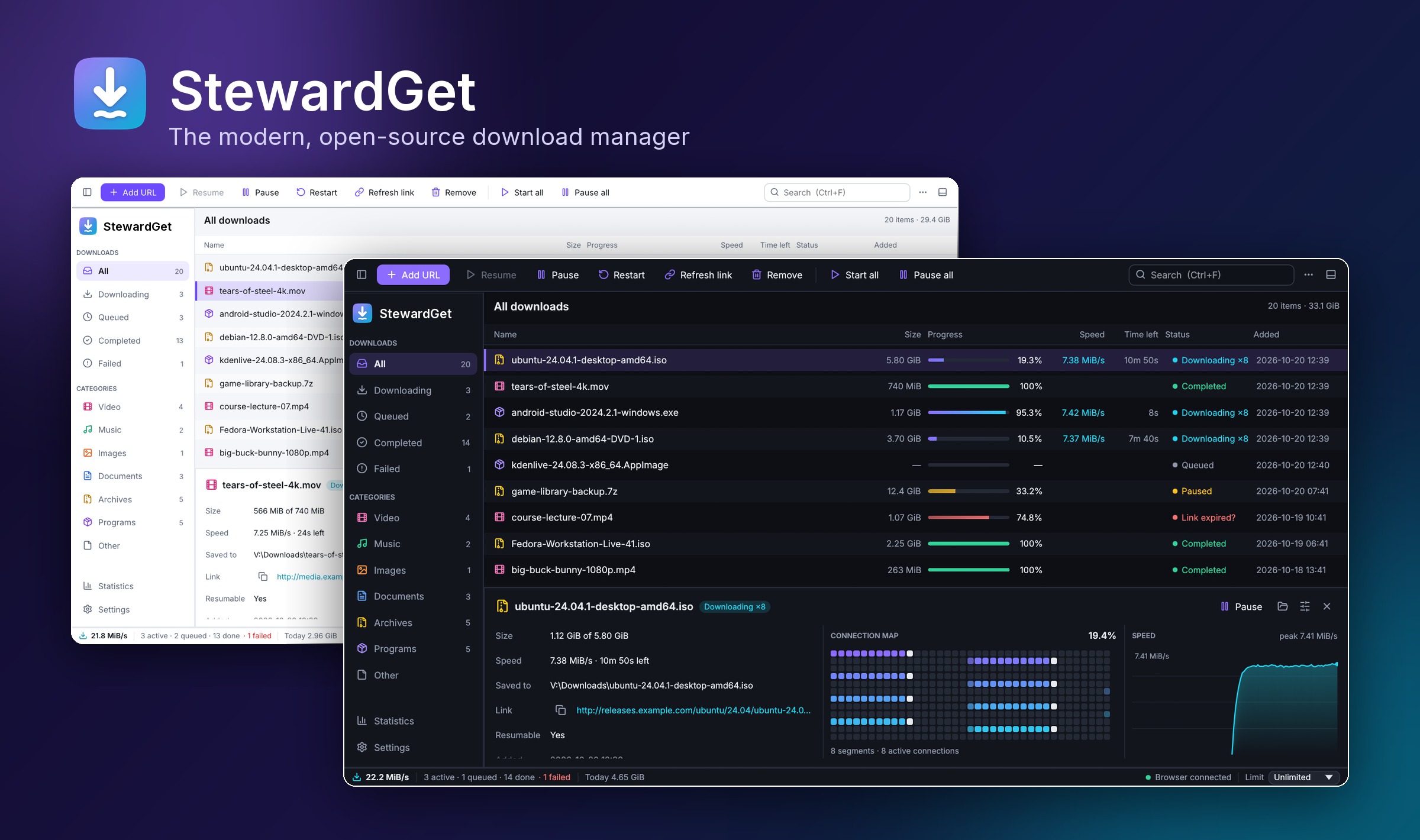 StewardGet in its light and dark themes, downloading several files with a live connection map