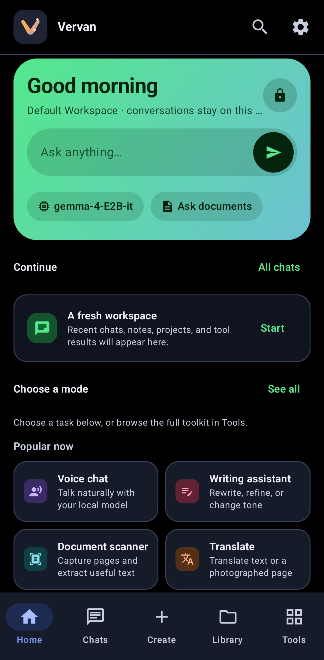 Vervan home screen