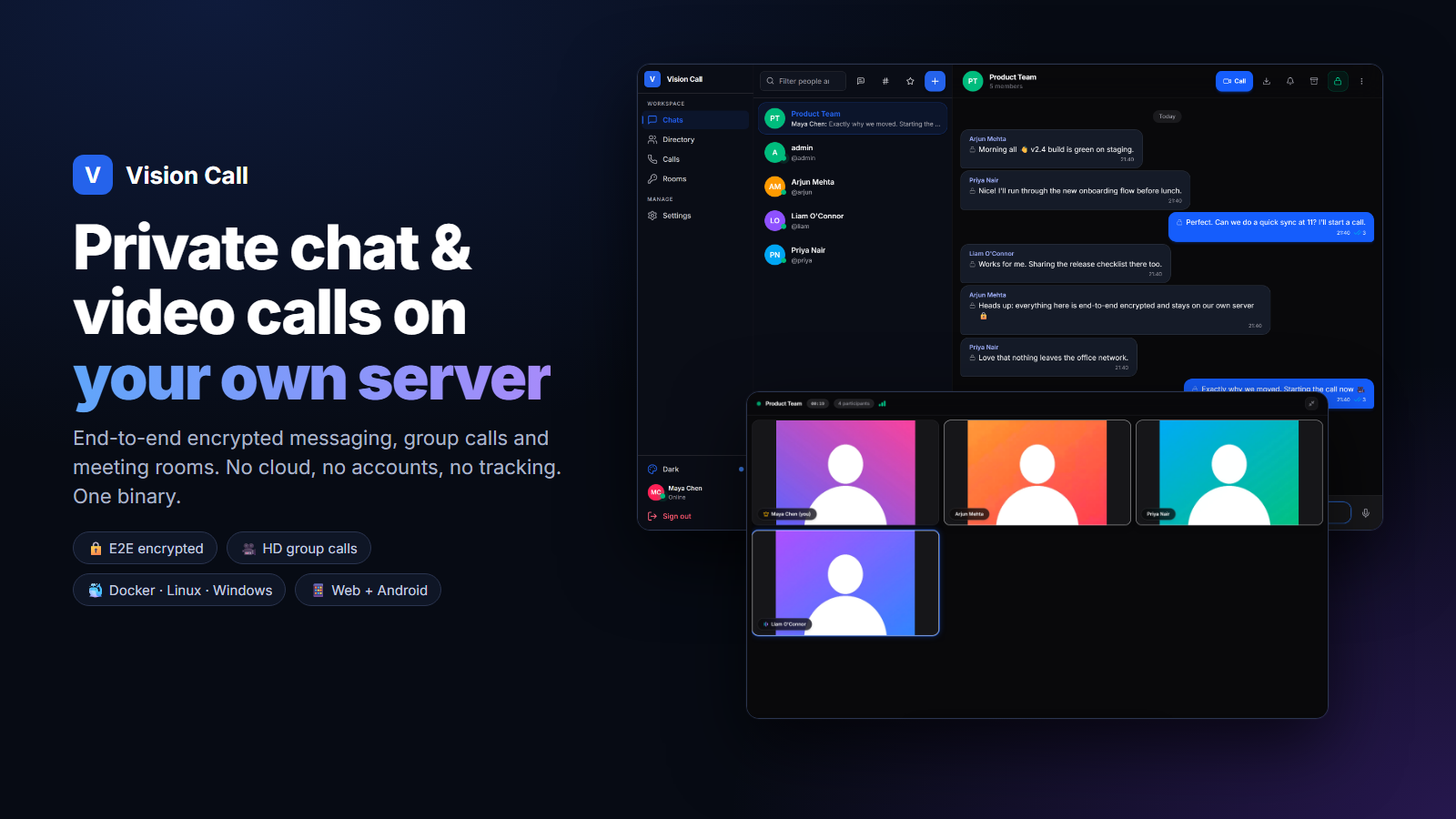 Vision Call: private chat and video calls on your own server
