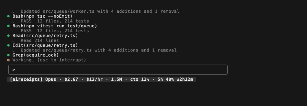 Historical terminal recording of an agent session with the aireceipts statusline highlighted. The Standard-API-equivalent floor rises during the run and a Bash loop ×5 flag appears; this recording predates the current ≥ notation. Tokens and waste are reconstructed from the transcript; host-supplied payload fields are simulated.