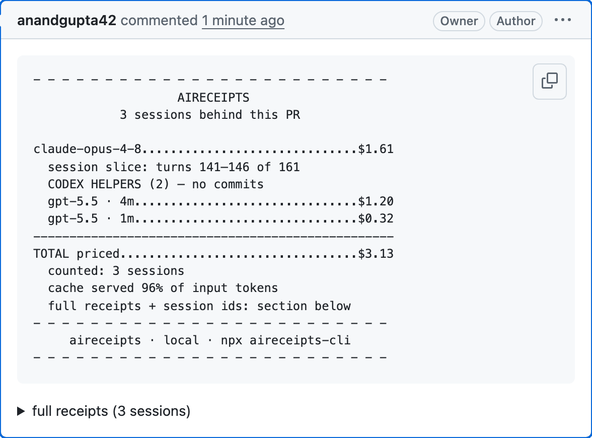 a real aireceipts receipt comment on a merged pull request of this repo: 3 sessions — a Claude Code orchestrator sliced to just this PR's turns, plus two Codex helpers — $3.13 total