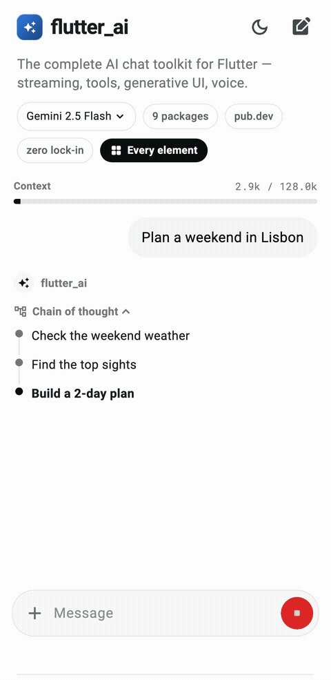 flutter_ai: a streaming answer with chain-of-thought and a generative-UI task card
