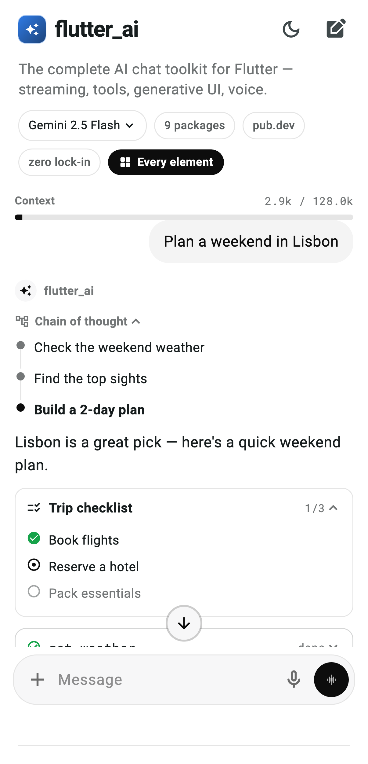 A streamed answer with reasoning, a tool call, and the final answer