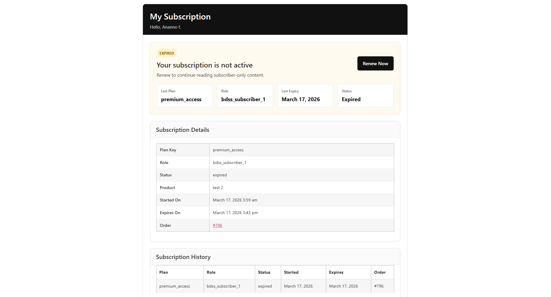 Non-Active Subscriber Status
