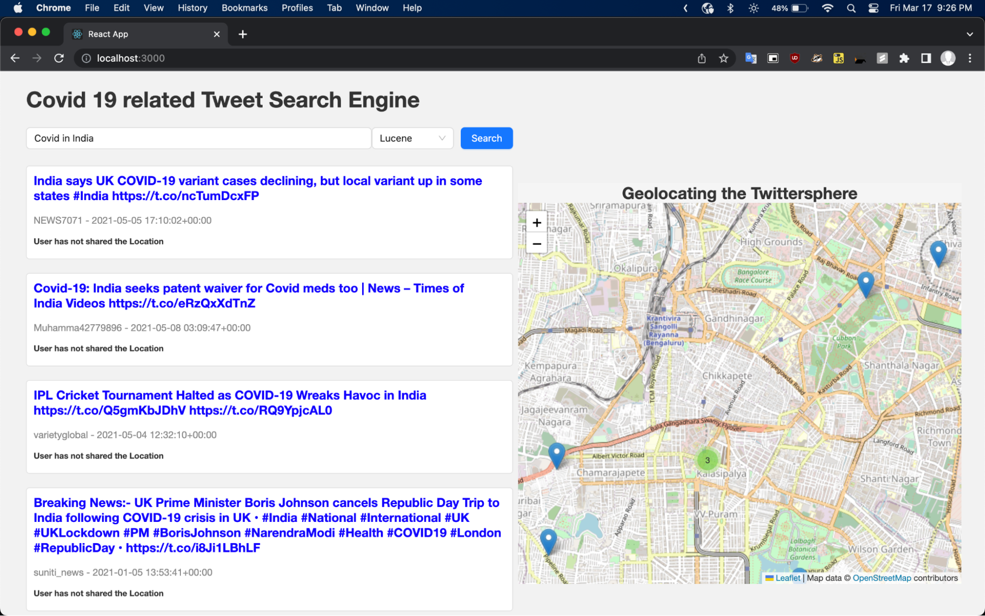 The above screenshot demonstrates that Pylucene is performing well with shorter queries