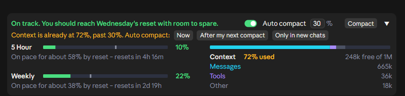 Auto compact asking what to do, with the context already at 72%