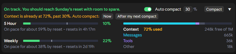 Auto compact asking what to do, with the context already at 72%