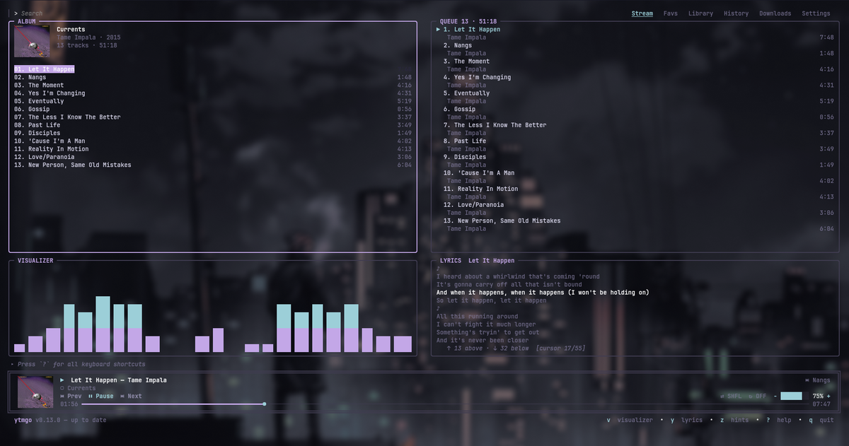 ytmgo running in a terminal