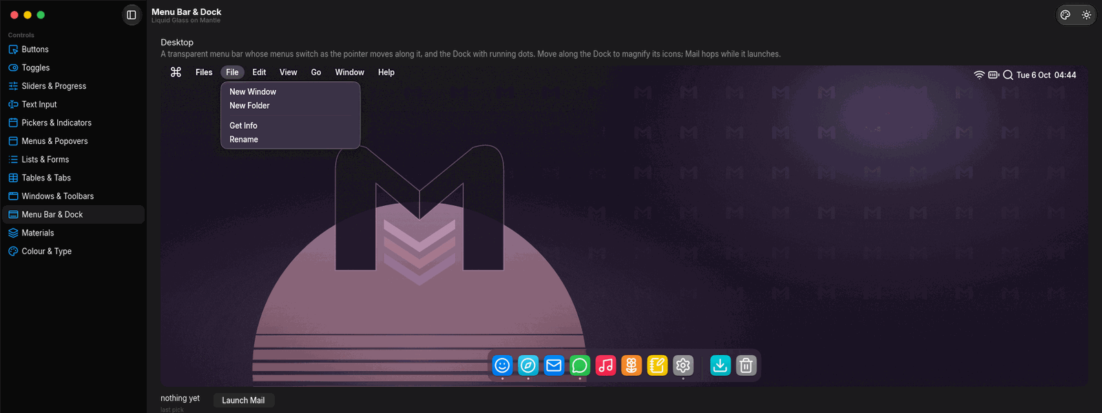 mantle-glass demo: a glass menu bar with an open menu and the Dock