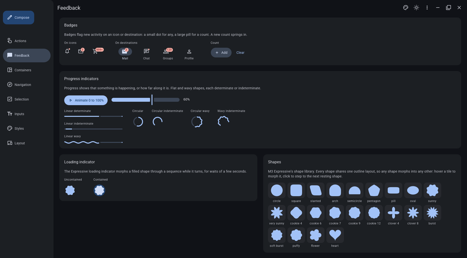 mantle-material demo: badges, progress indicators, loading indicator and the Expressive shapes