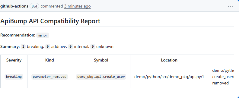 ApiBump pull request comment screenshot