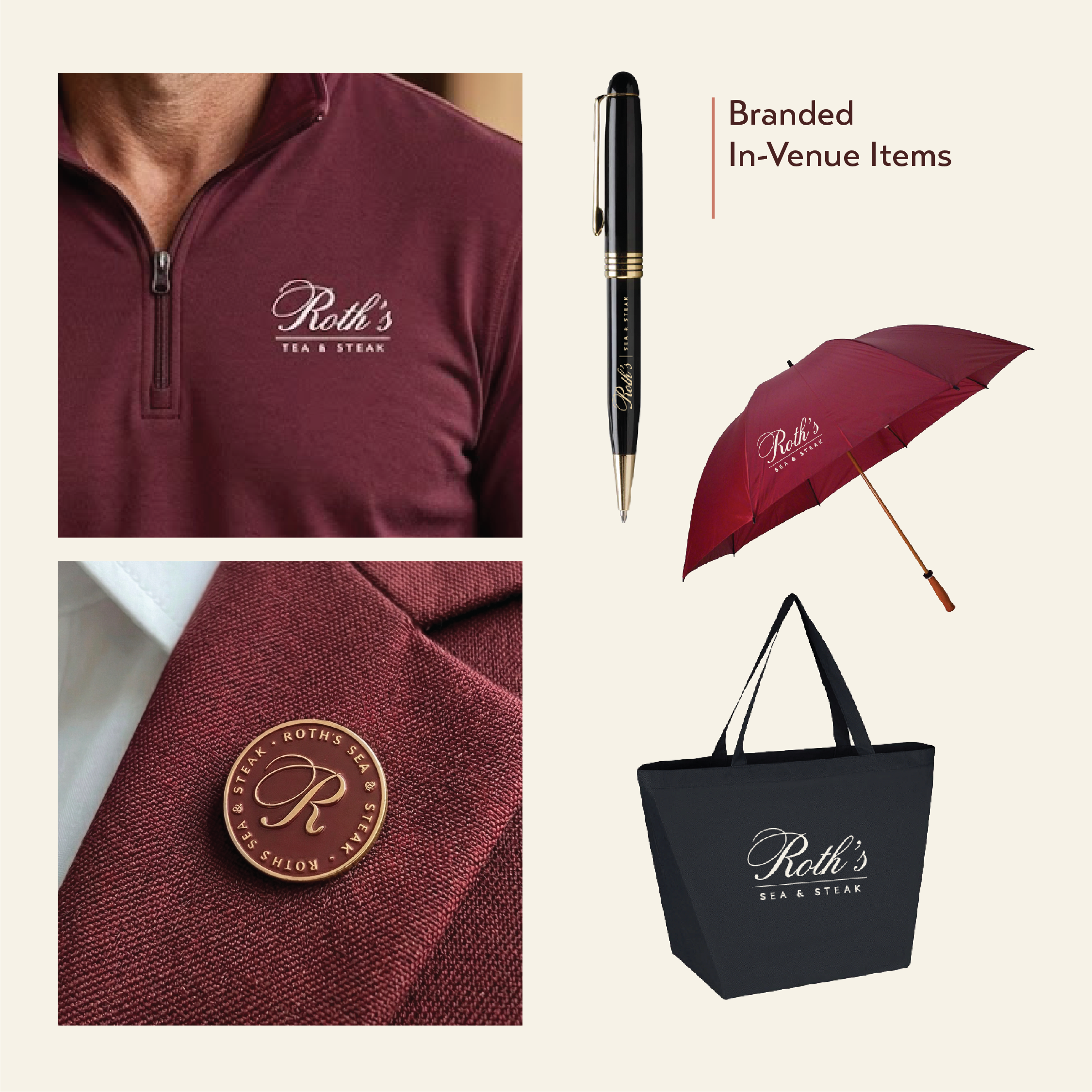 Branded merchandise — pins, quarter-zips, pens, bags