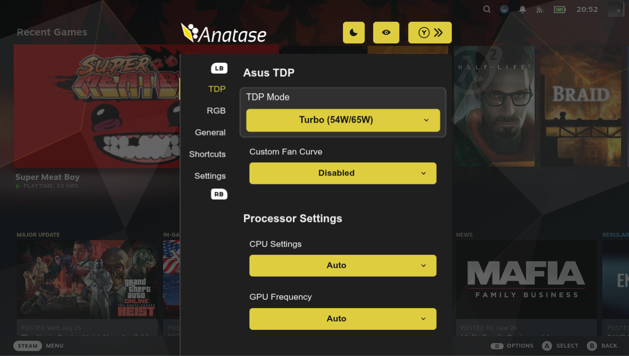 Anatase Game Mode and performance controls