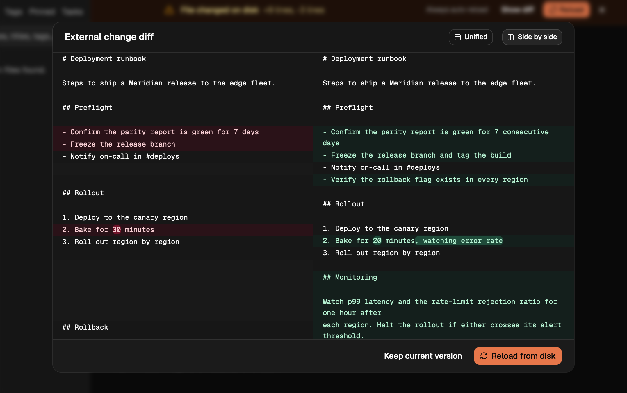 Side-by-side diff with word-level highlighting