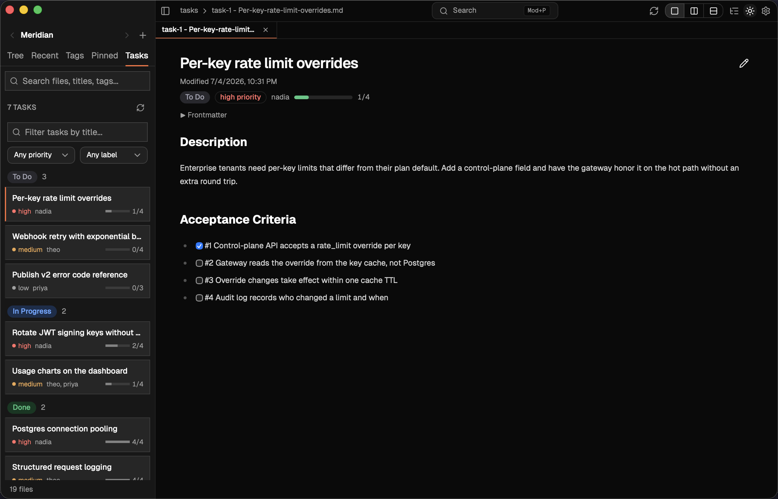 Tasks board with drag-to-advance