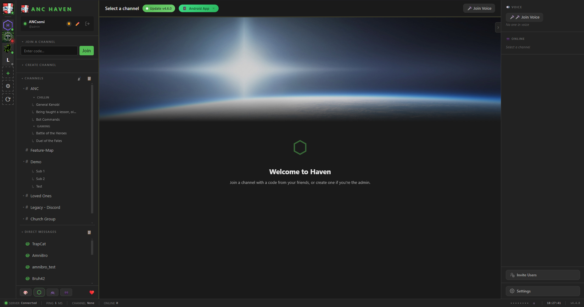 Haven's default look: channels and DMs on the left, the member list on the right