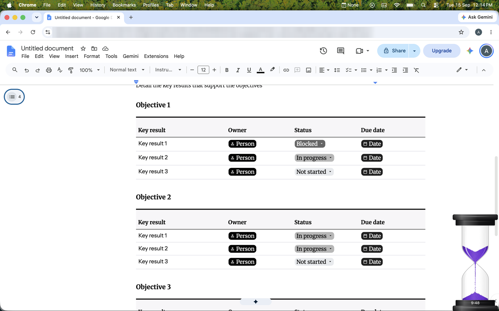 A Mac screen with a document open in Chrome and Sand Timer standing in the bottom-right corner, with 9:48 left on its base