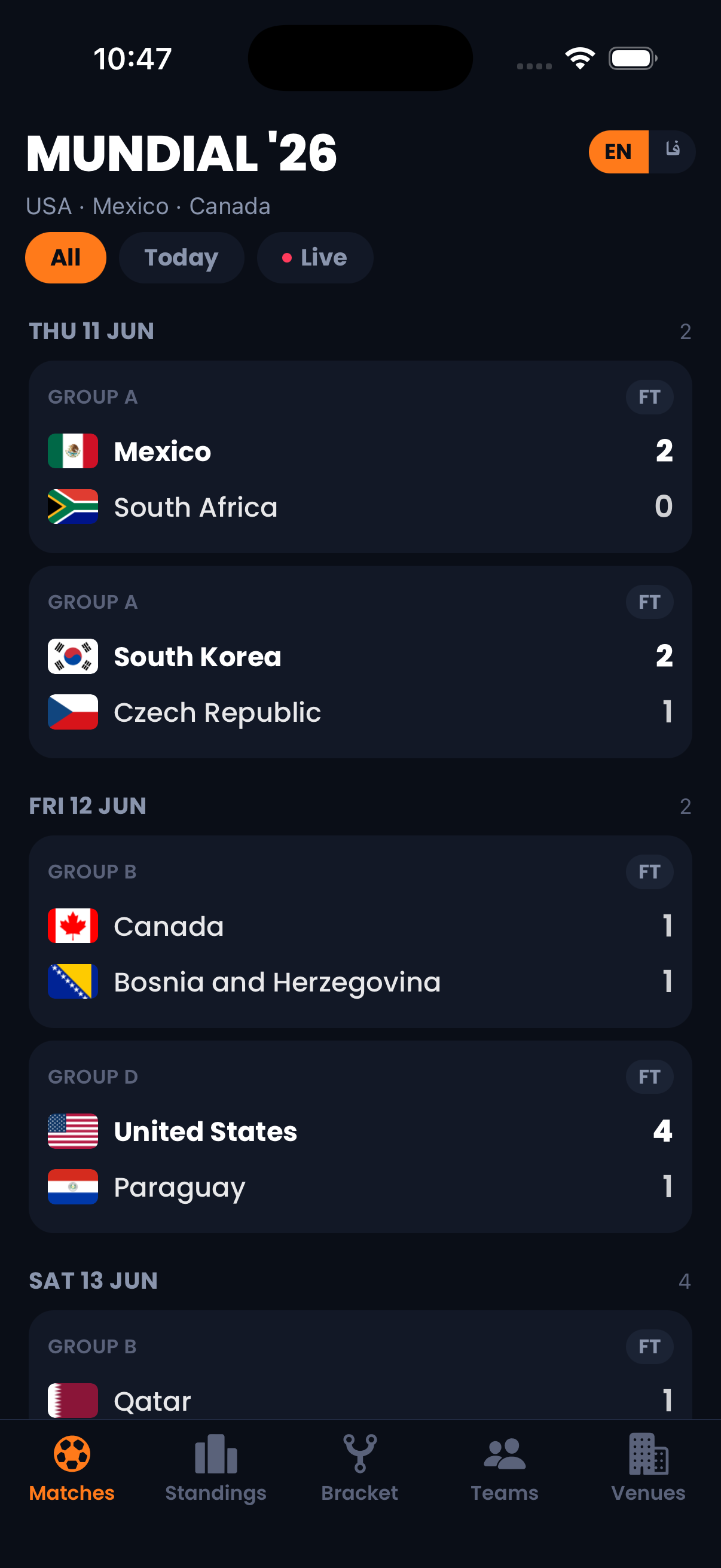 MUNDIAL '26 — matches screen