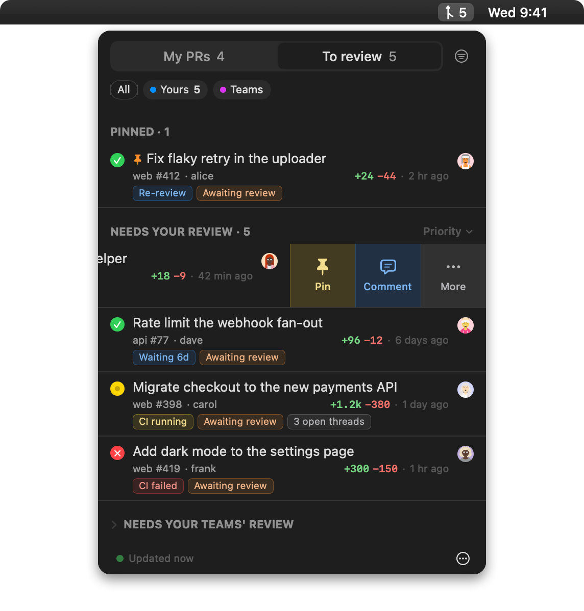 The Pullglance popover under the menu bar, showing review requests ordered by priority