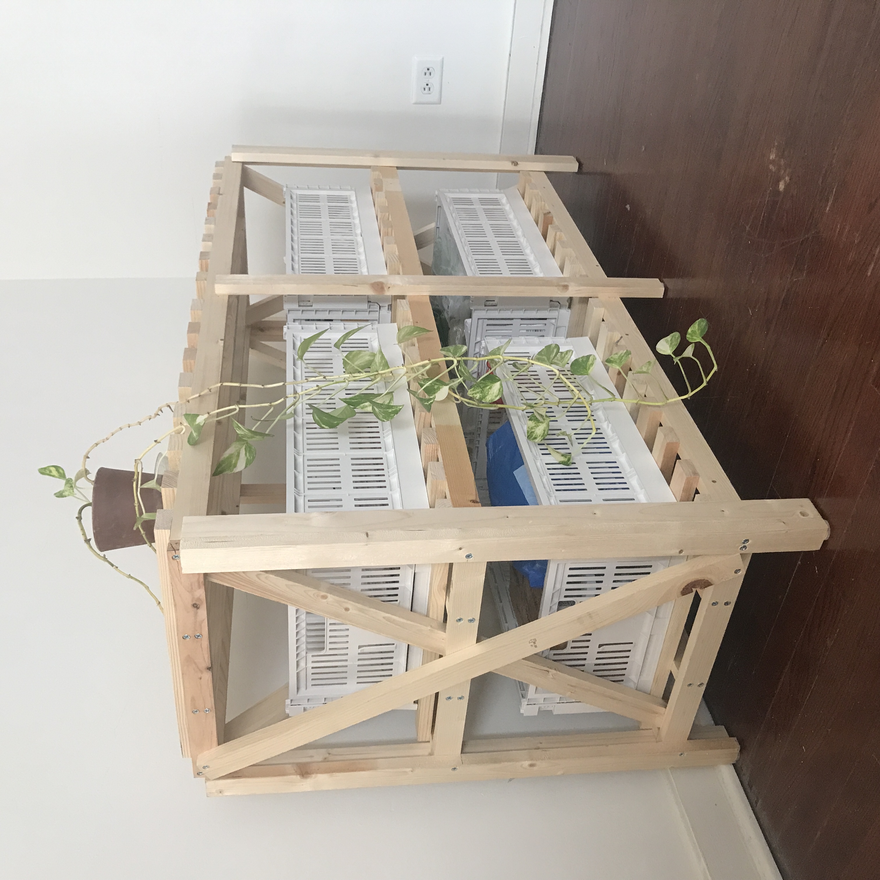 a photo of a wooden standing shelf, holding four plastic crates, with a plant on top