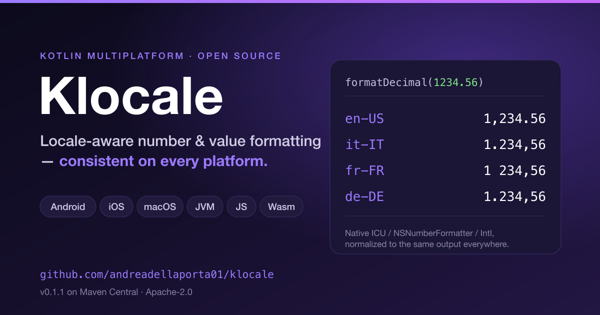Klocale — locale-aware number and value formatting for Kotlin Multiplatform