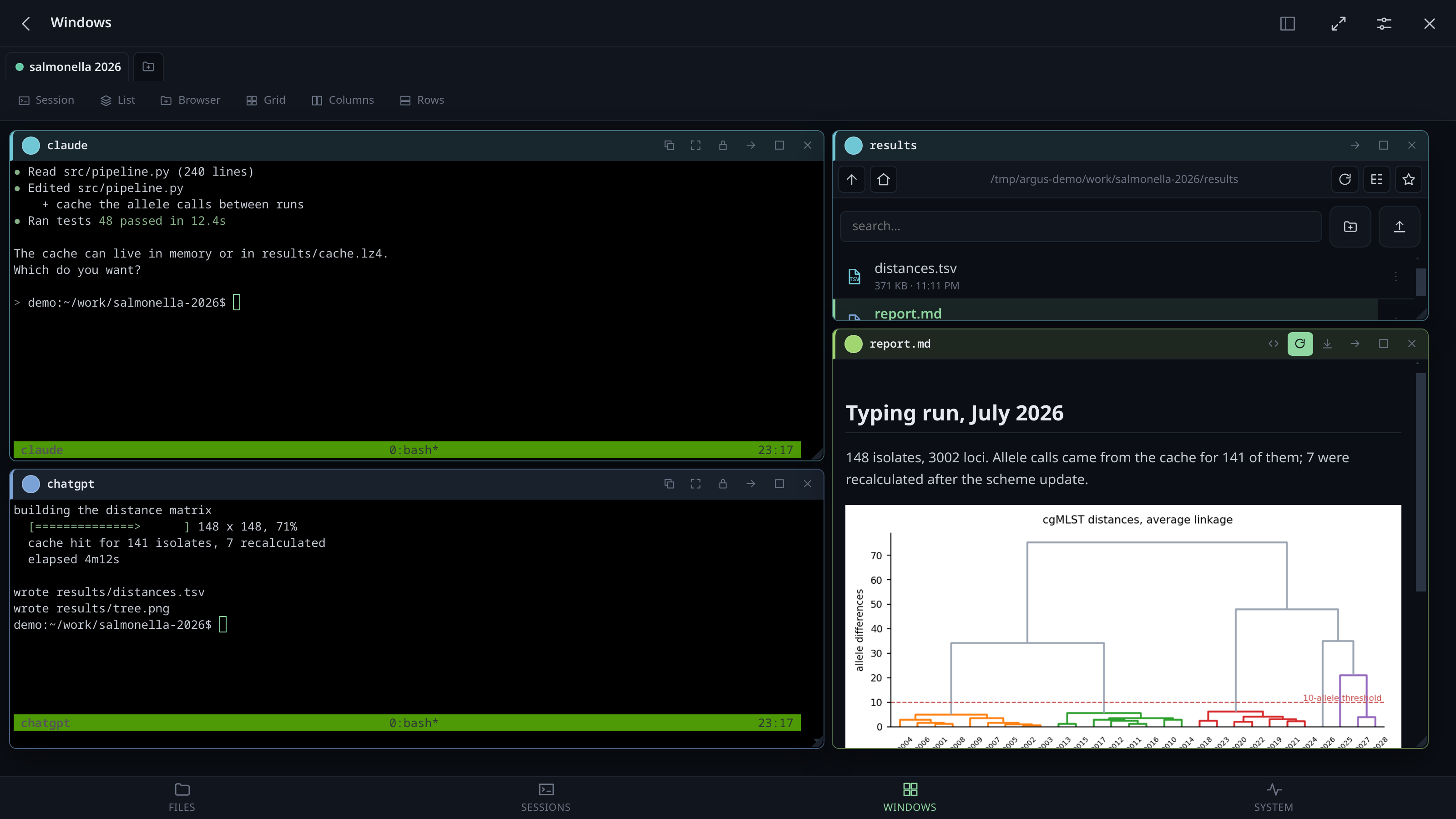 Two agents working in tmux, the folder they are writing into, and the report they produced, all in one workspace