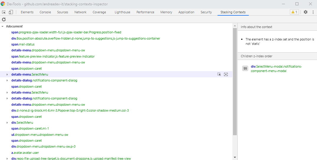 Screenshot of the Stacking Contexts panel in devtools