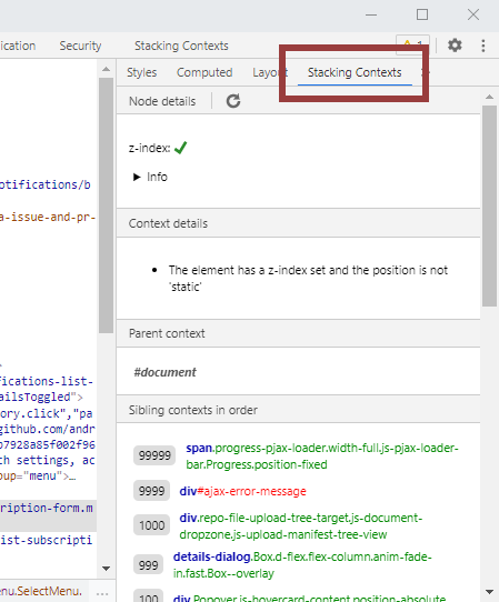 Screenshot of the Stacking Contexts sidebar in the elements panel