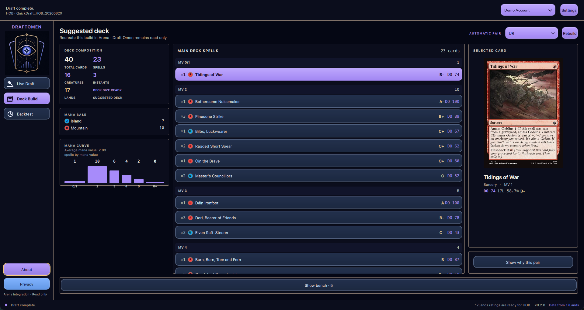 Draft Omen Suggested deck GUI with an automatic UR pair, 40-card build with 23 spells and 17 lands, mana base, mana curve, grouped main-deck spells, and Tidings of War selected