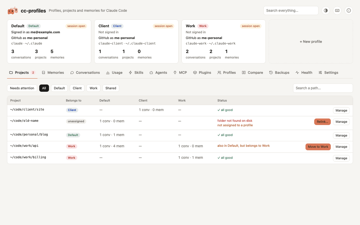 cc-profiles in use: a project is moved from the Default profile to Work with one click, then its memories, a conversation, the skills, an MCP server, the comparison of two profiles and the backup of the move are shown