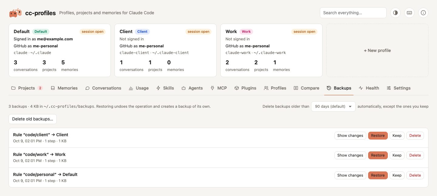 The Backups tab: every change made with cc-profiles, newest first, with Restore, Show changes and Keep