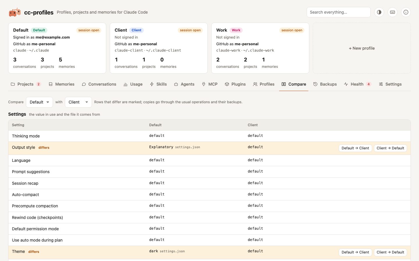 The Compare tab: the settings of two profiles side by side, with the differences highlighted and buttons to copy them