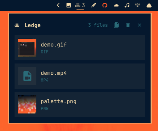 The open card: a thumbnail per image, a file-type icon for everything else,
and the file count and header actions along the top