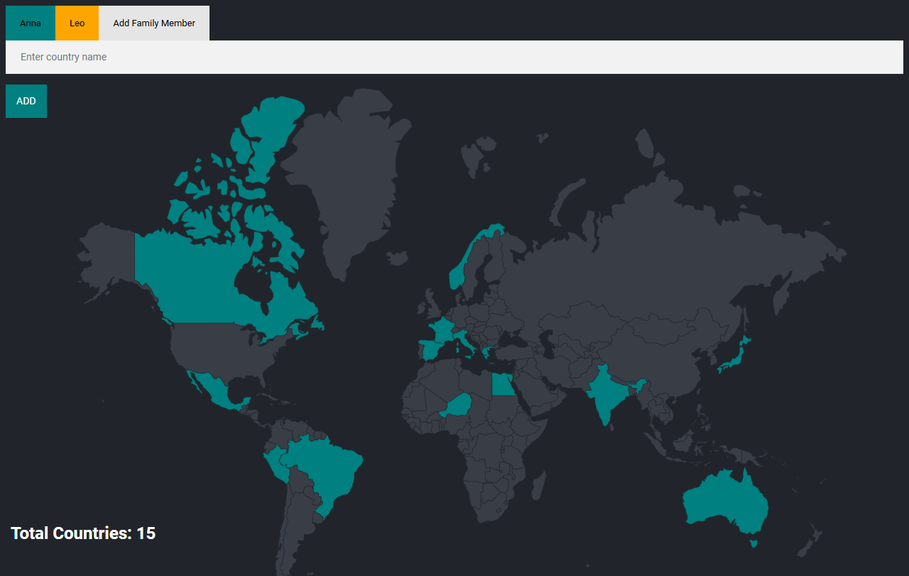 World map with visited countries colored