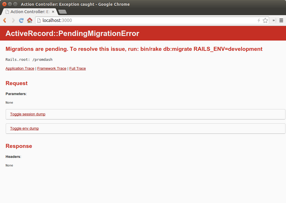 Screenshot: PromDash ActiveRecord Migration Error