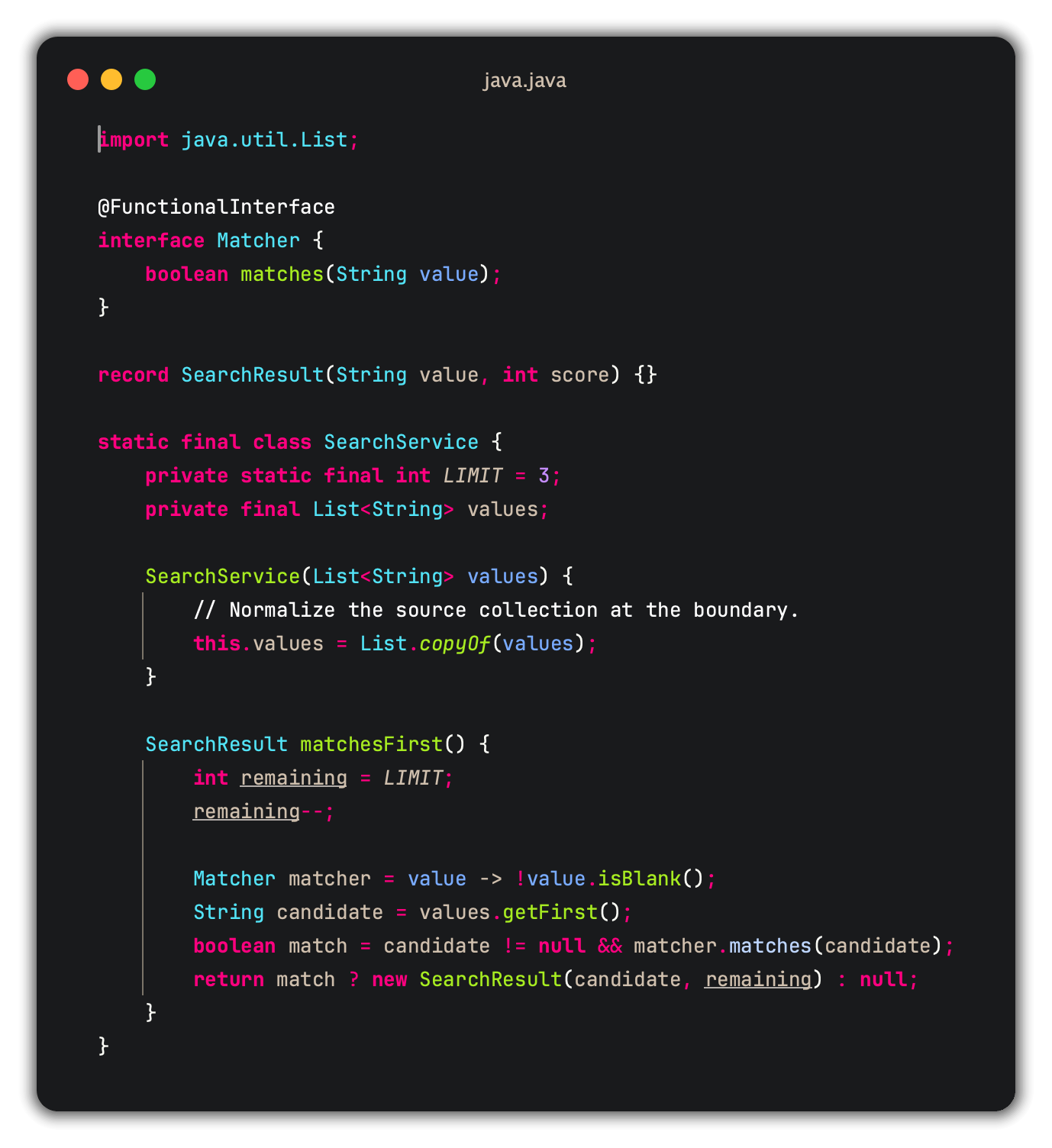 Java example using Invariant