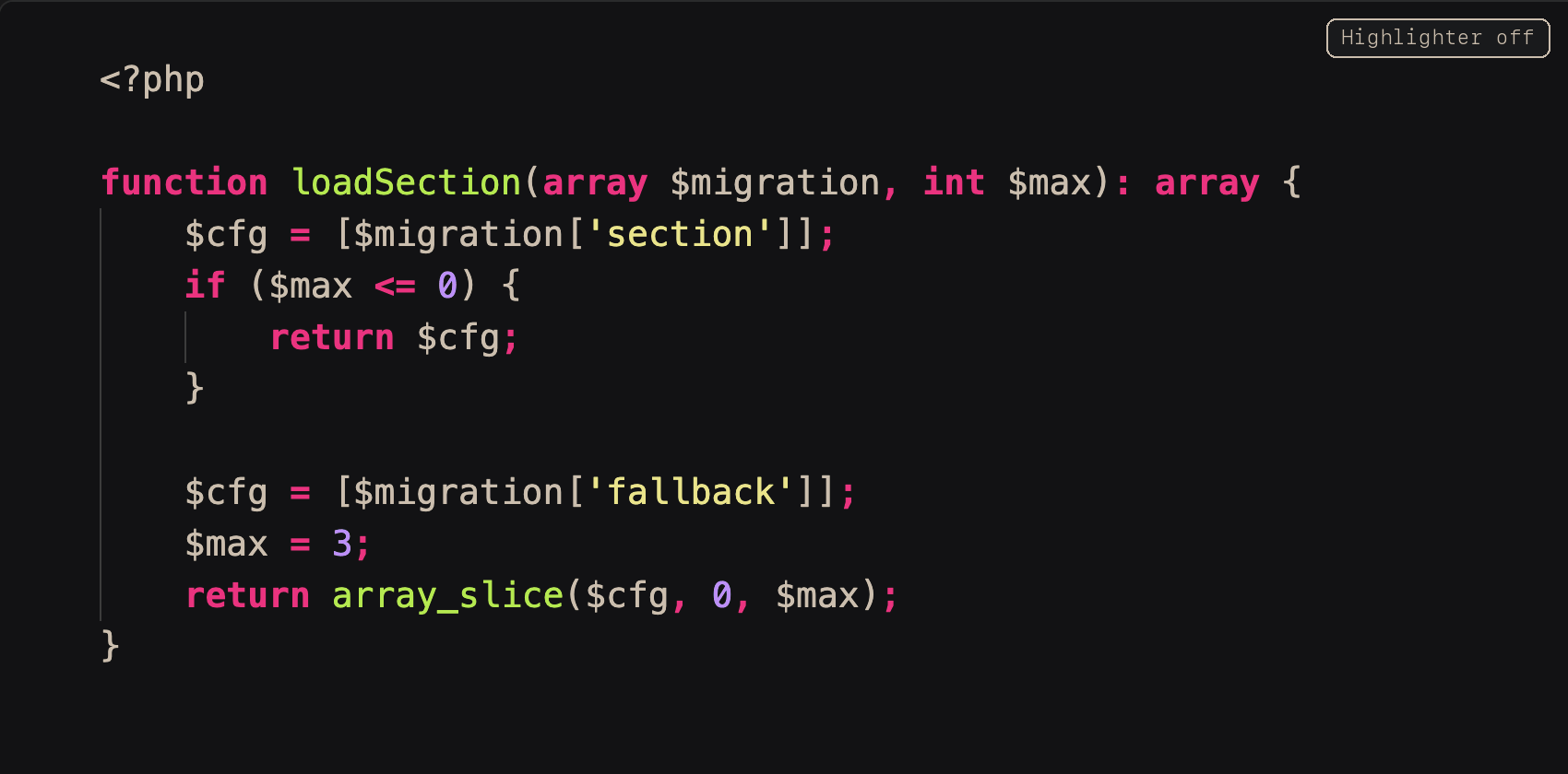 The same PHP modification example alternating between Highlighter off and on