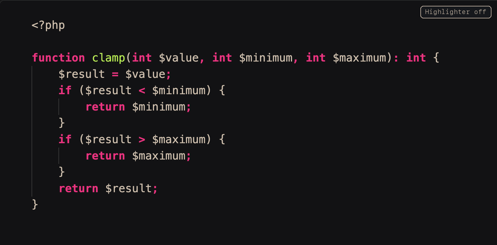 The same PHP parameter example alternating between Highlighter off and on