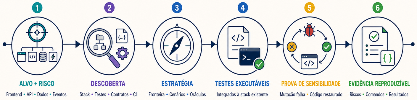 Fluxo da Skill Suite Tests: do alvo e risco à descoberta, estratégia, testes executáveis, prova de sensibilidade e evidência reproduzível