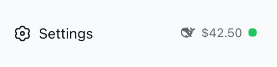 The sidebar footer: Settings on the left, the balance chip on the right