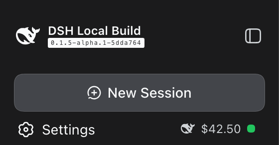 Dark theme sidebar with the balance chip in the footer