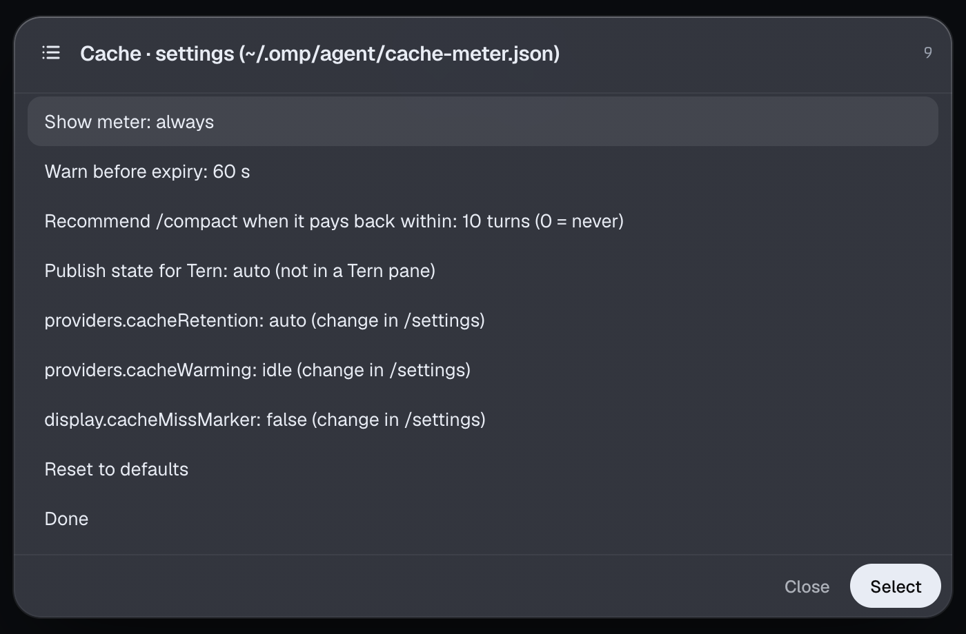 The /cache settings list