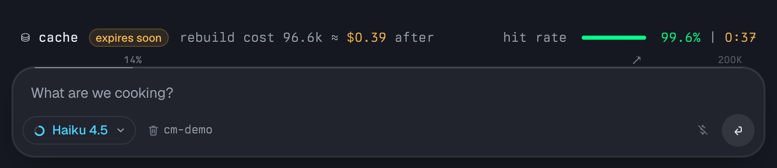 The meter on an expiring cache: an amber 'expires soon' badge, rebuild cost 96.6k ≈ $0.39 after, and hit rate, the split bar, 99.6% | 0:37 at the right end
