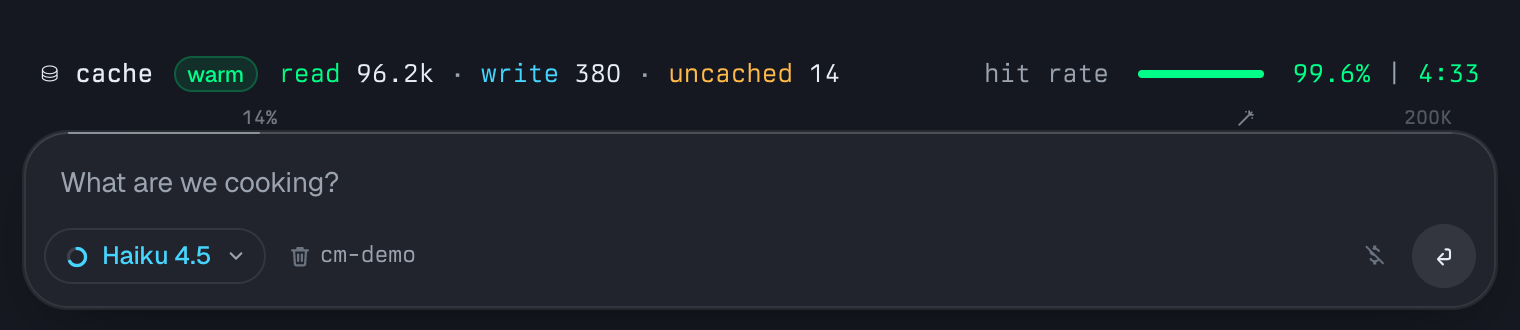 The meter above omp's composer on one line: 'cache' with a green 'warm' badge, read 96.2k · write 380 · uncached 14, then at the right end 'hit rate', the split bar, 99.6% | 4:33