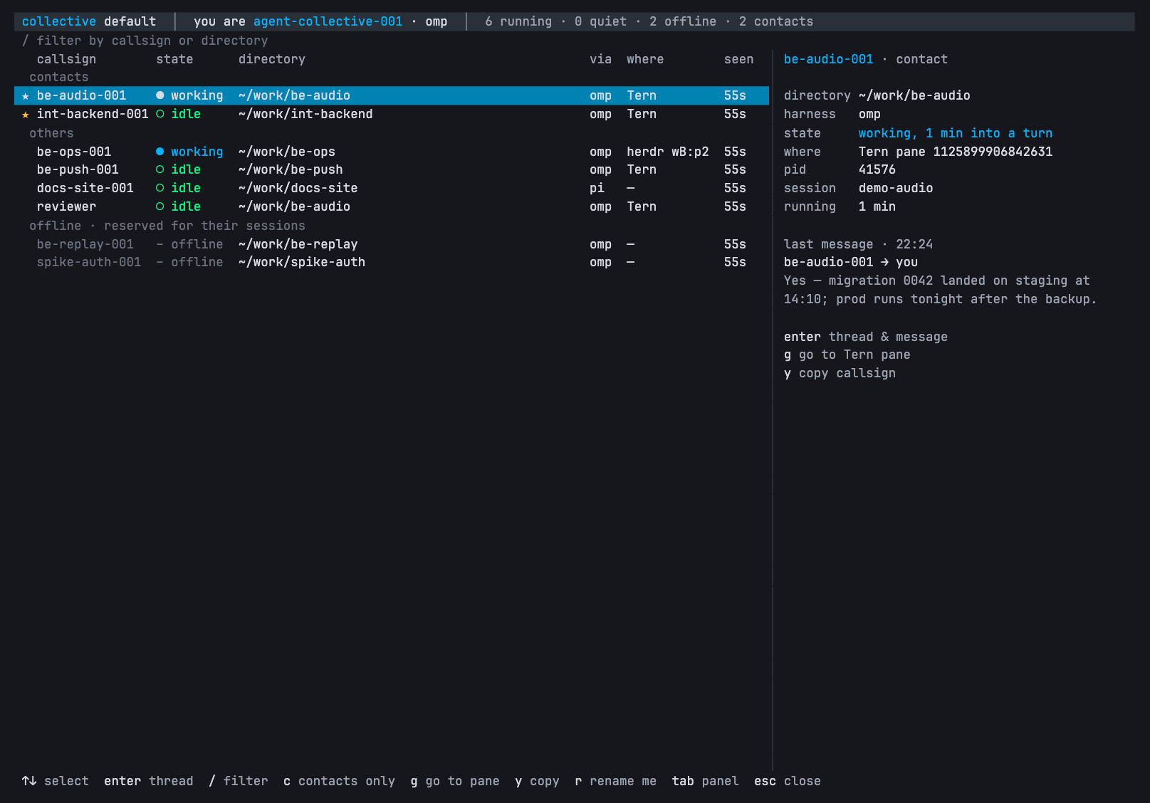 /collective full screen: sections and the detail column