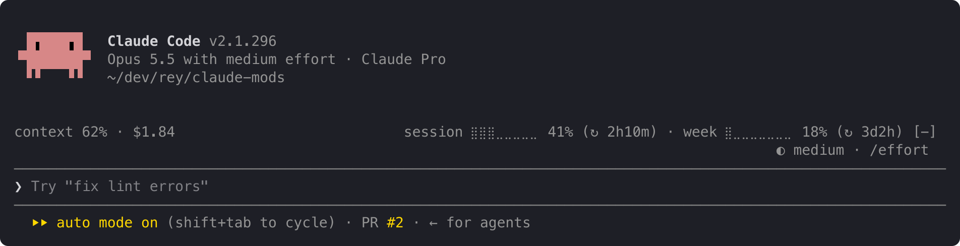 The bar above Claude Code's prompt: context 62% · $1.84 on the left, session 41% (↻ 2h10m) · week 18% (↻ 3d2h) on the right