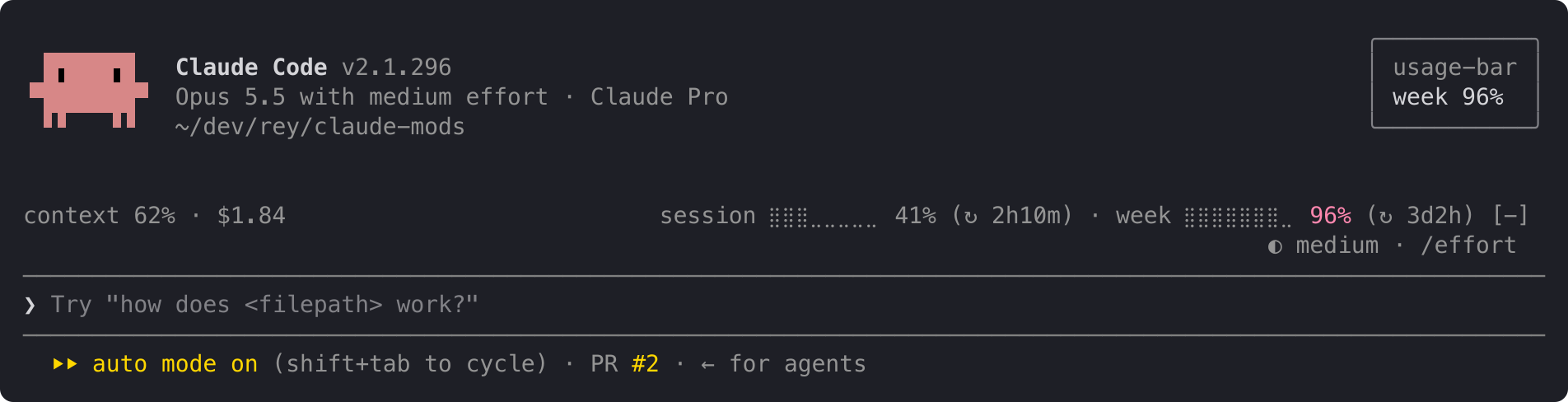 The weekly limit at 96% in red, with the alert "week 96%"