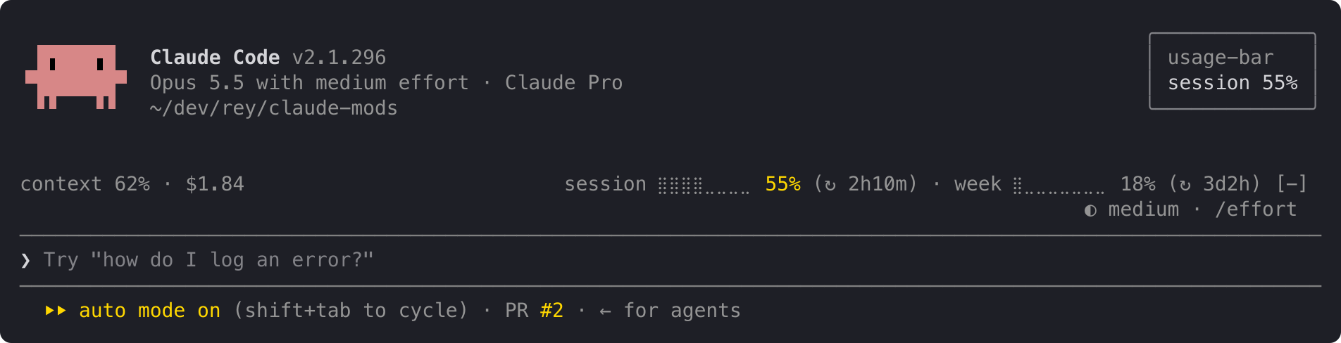 The session limit at 55% in yellow, with the alert "session 55%"