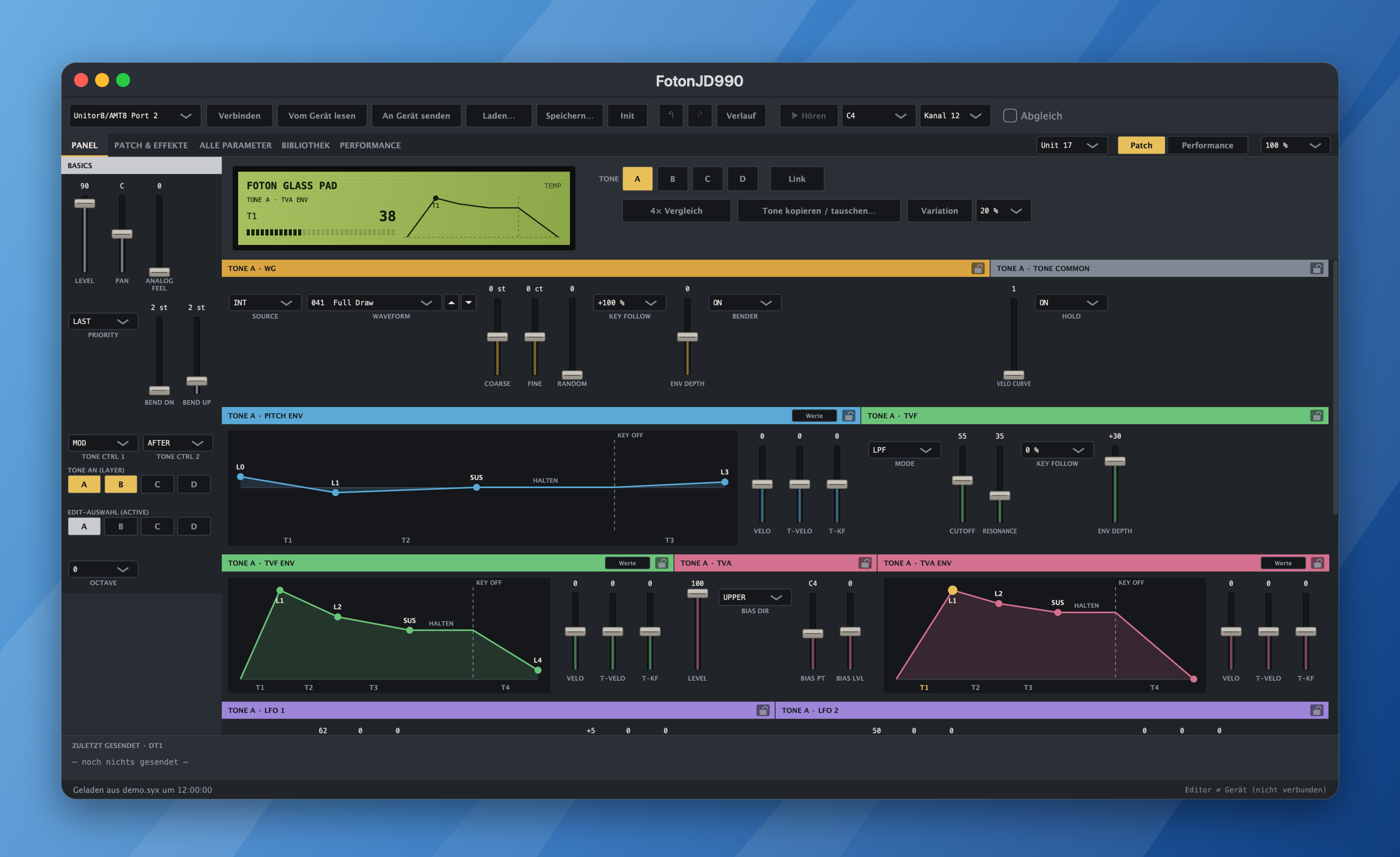 FotonJD990 patch panel on macOS with a green LCD display and coloured sections for oscillator, filter and amplifier with draggable envelope graphs
